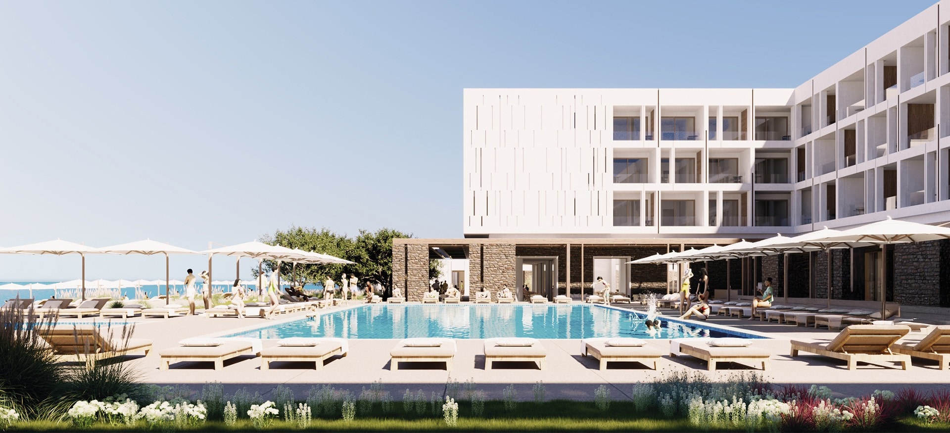 Architect's visualisation of a white hotel with a pool, umbrellas and the sea beyond